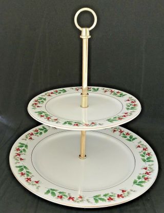 Vintage Christmas Holly Berry Porcelain Two Tier Tidbit Server