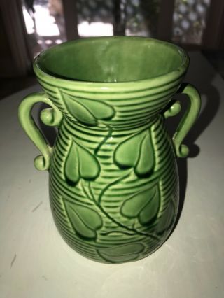 Vintage Usa Shawnee Green Ivy Leaf Vase Double Handled - 805