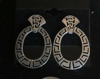 Vtg Sterling Silver Door Knocker Hoops Earrings Southwestern Greek Key Pattern
