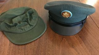 Set Of 2 Vintage 50s Us Army Hats Dress Green With Black Visor & Utility Cap Evc