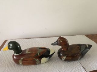Vintage Hand Painted & Carved Wood Duck Decoy 2 Glass Eyes Signed On Bottom