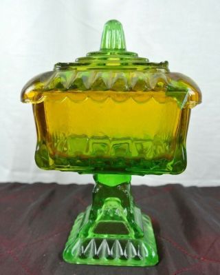 Vintage Jeanette Glass " Wedding " Jar/box/ Candy Dish In Green & Yellow
