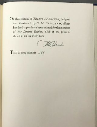 Lec Signed By T.  M.  Cleland The Life And Opinions Of Tristram Shandy 1935