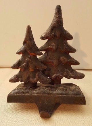 Vintage Rustic Stocking Hanger Holder Cast Iron Pine Trees Covered In Snow
