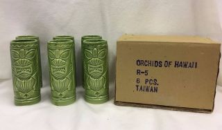 Nos Vintage Orchids Of Hawaii R - 5 Taiwan Tiki Glasses Green Set Of 6 Glass