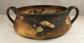 Vintage Hand Painted Nippon Blow Out Handled Nut Dish Bowl W/ Basketweave