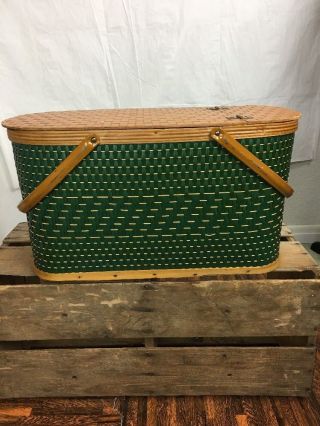Vintage Hawkeye By Burlington Picnic Basket Green With Lift Out Shelf Green Iowa