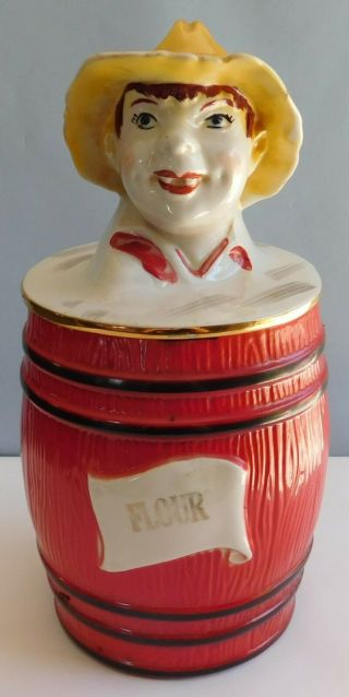 Vintage Red Regal China Mcdonald Barn Boy Flour Canister W/ Lid 414