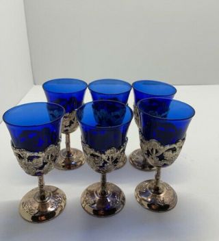 Vintage Set Of 6 Cobalt Blue Cordial/sherry Glasses With Silver Ornate Holders
