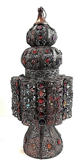 Vtg Exotic Copper Finished Metal Lantern Decorated With Colored Glass Gems 20 "