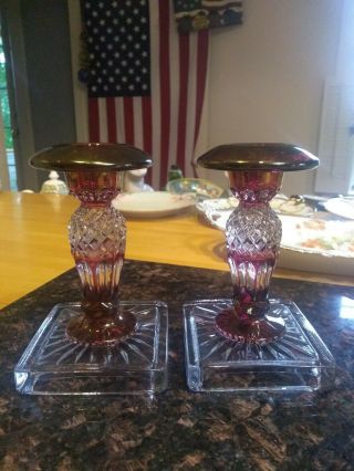 Vintage Pair Westmoreland Cranberry / Ruby Diamond Cut Candle Sticks 6 "