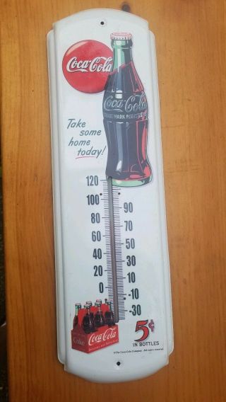 Vintage 5 Cent Coca - Cola Tin Thermometer Advertising Sign 17 " Tall