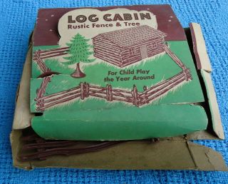 Vintage O Gauge Plasticville Log Cabin Rustic Fence & Tree In The Box