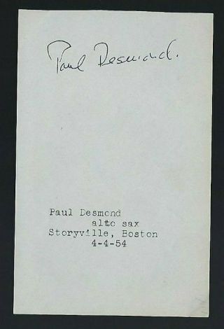 Paul Desmond Signed Vintage Album Page Jazz Sax W/ Brubeck