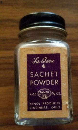 Vintage La Bara Boquet Sachet Powder Zanol Dry Perfume Bottle 3/4 Oz Cincinatti