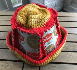 Vintage Schaefer Beer Can Hat Crochet Knit Retro Handmade Hipster