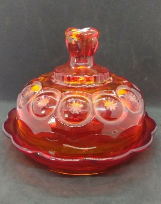 Vintage L.  E.  Smith Amberina Glass Round Covered Butter Dish,  Moon And Stars