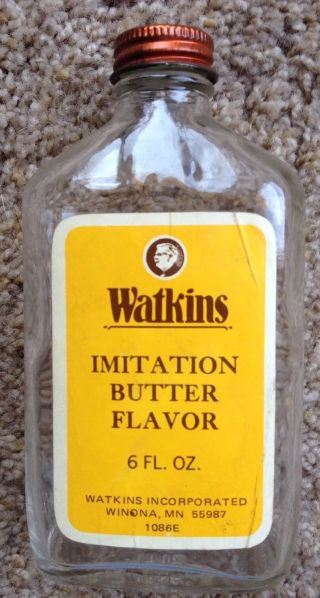 Vtg Watkins Imitation Butter Flavor Clear Glass Bottle/6 Oz/red Lid/winona,  Mn