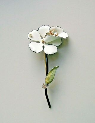 Vintage Francois White Enamel & Rhinestone Flower Brooch 4 "
