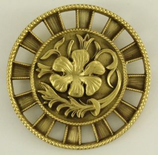 Vintage Costume Jewelry Cm Brushed Gold Tone Floral Circle Brooch Pin 1 - 7/8 "