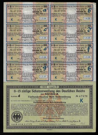Vintage German 500,  000 Marks (1/2 Million) Bond 1923 W/ All Coupons 5