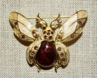 Vintage Stunning Amber Color Crystal Resin And Enamel Beetle Pin Brooch