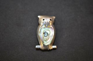 Vintage Sterling Silver Taxco Owl Pin Rough Abalone Shell Inlay Brooch Retro 900