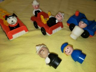 Vintage Fisher Price Little People 2 Fire Trucks,  Dog,  Police Car & 5 Drivers
