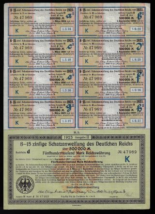 Vintage German 500,  000 Marks (1/2 Million) Bond 1923 W/ All Coupons 2