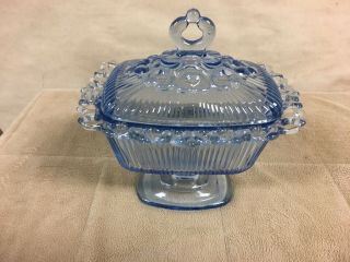 Vtg.  Indiana Open Lace Depression Glass Blue Pedestal Candy Dish Compote W/ Lid
