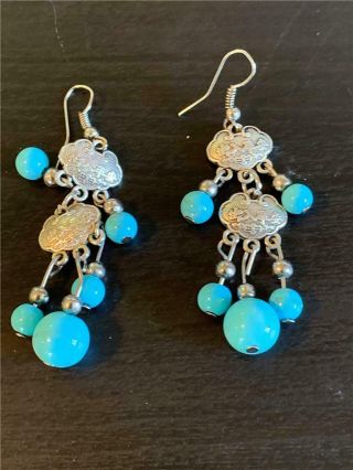 Vintage Chinese Silver And Turquoise Dangle Earrings