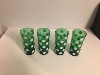 Vintage Mid Century Set Of 4 Forest Green Glass Tumblers W/white Polka Dots.
