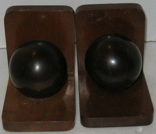 Vintage Brown Round Globe on Wooden Base Book Ends Bookends Mismatched Pair 2