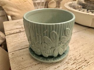 Vintage Mccoy Pottery Dragonfly Planter Flower Pot W/ Saucer Teal Blue Cond