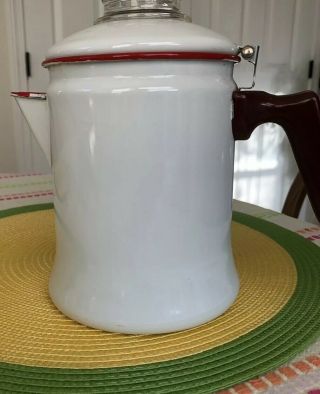 9” Vintage Coffee Pot Red & White Enamel Ware Handle Brick Red,  No Stem Or Basket
