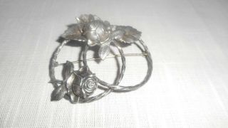 Vintage Sterling Silver Double Circle Pin W/rose & Leaf Design