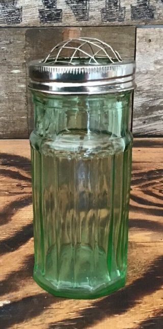 Vintage Uranium Green Depression Vaseline Glass Shaker Jar Spice Ribbed 6 " H