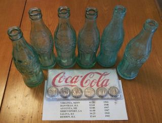 6 – Vintage 1940’s Green Embossed Pat.  D - 105529 Coca Cola Bottle 6 Ozs W/6 - Caps