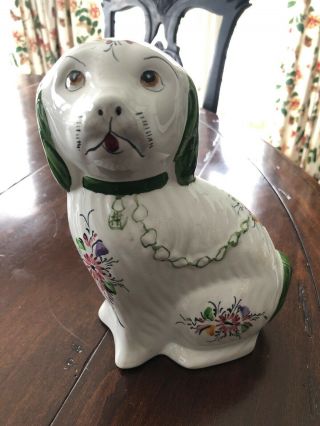 Large Hand Painted Staffordshire Dog White & Green Made In Portugal Vtg