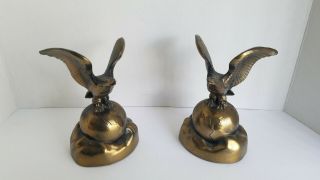 Vintage Eagle Perching World Globe Brass Bookends With Brass Eagles