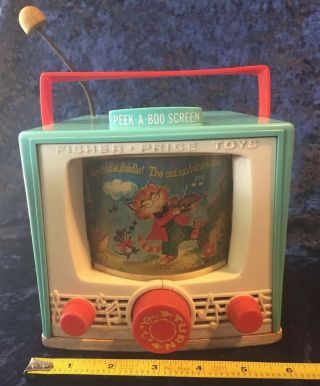 1964 Vintage Fisher Price Tv Music Box Hey Diddle Diddle Peek A Boo Screen 60s