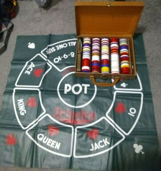 Vintage Poker/tripoly Brief Case Set Includes Tripoley Mat,  Cards And Chips