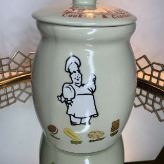 Sunshine Cookies Biscuit Jar Lid Advertising Stoneware Vintage 8 1/4 J77