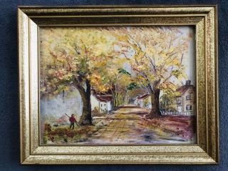 Vintage Folk Art Signed Sybil Autumn Raking & Burning Fall Leaves Oil Painting