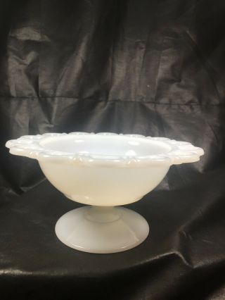 Vintage Anchor Hocking Open Lace Edge Milk White Glass Compote 7 "