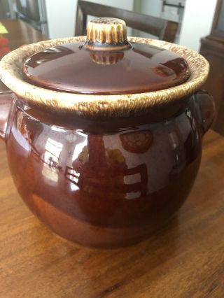 Vintage Hull Oven Proof Usa Brown Drip Glaze Bean Pot Stoneware.  With Lid.