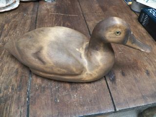 Vtg Hand Carved Solid Wood Wide Body Flat Tail Duck Decoy Glass Eyes - 15 "