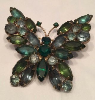 Vtg 60s Rhinestone Butterfly Pin Soft Clouded Blues Green Marquis Round Prong Se