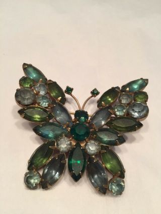 Vtg 60s Rhinestone Butterfly Pin Soft Clouded Blues Green Marquis Round Prong Se 2