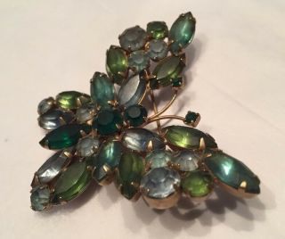 Vtg 60s Rhinestone Butterfly Pin Soft Clouded Blues Green Marquis Round Prong Se 5